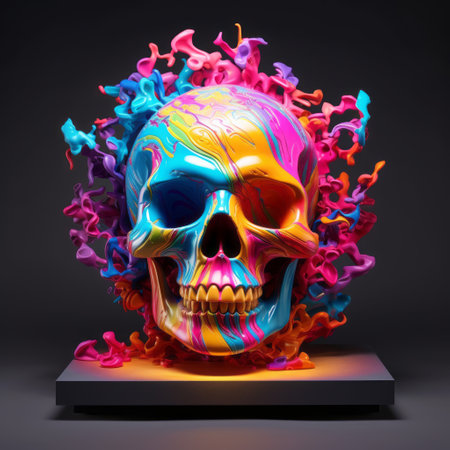 this 8k 3d uhd image showcases a stunning painting art piece that explores color theory through skull motifs. the bright sculptures and colorful explosions create a conceptual sculpture that pops against the black background. this painting is a true masterpiece that captures the essence of the art of painting. ai generatedの素材