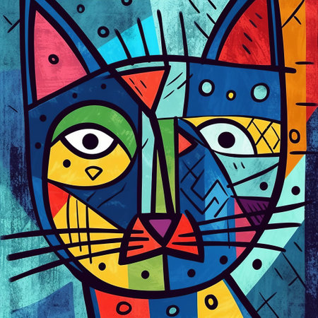 colorful cat with blue and orange patterned eyes, inspired by cubist abstracts and picasso's style. this large canvas digital art is a perfect example of avacadopunk and pop art prints, featuring colorfully abstracted faces. ai generatedの素材