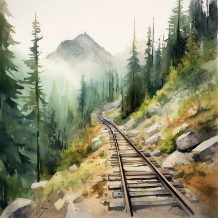 this watercolor sketch depicts railroad tracks in the wilderness, inspired by the whistlerian style and misty gothic atmosphere. the artist, stephen shortridge, has captured the detailed perfection of the scene with a touch of donald pass's calm and serene beauty. the painting evokes a sense of adventure and is perfect for those who love the outdoors. ai generatedの素材
