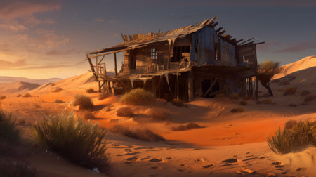 the house in the desert scene is a stunning uhd image that showcases post-apocalyptic backdrops with ps1 graphics. the eastern brushwork adds a touch of fictional landscapes to the landscape realism, making it a unique piece of art. the painted realism of the house and the surroundings is breathtaking, making it a must-have for art enthusiasts. ai generatedの素材