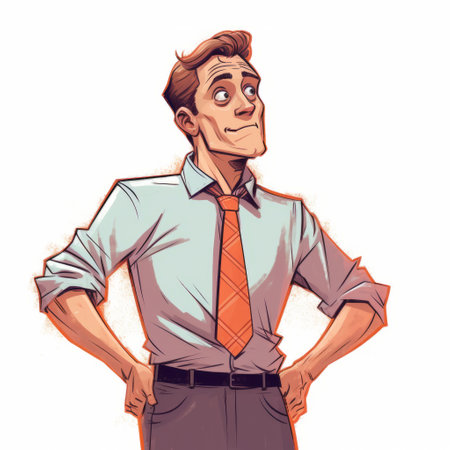 man holding hands and looking at the camera in a cartoon illustration style by paul hedley. the orange color scheme and detailed character expressions add to the comic art feel. the dignified poses and strong facial expressions are captured with back button focus. ai generatedの素材
