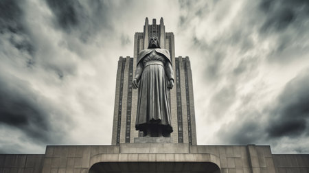 the jesu hrvk statue in trollhoek is a stunning example of retro-futuristic propaganda art. the dramatic atmospheric perspective and wide-angle lens create a sense of grandeur, while the post-world war ii school of paris influence is evident in the gothic darkness of the statue. the ming dynasty and brutalist elements add to the statue's unique character, making it a must-see for art enthusiasts. ai generatedの素材