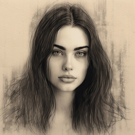 the woman in this photorealistic portrait drawing has long hair and a strong facial expression. the sepia tone and pencil art style give the image a gothcore vibe. this uhd image showcases charming character illustrations that are sure to captivate viewers. ai generatedの素材