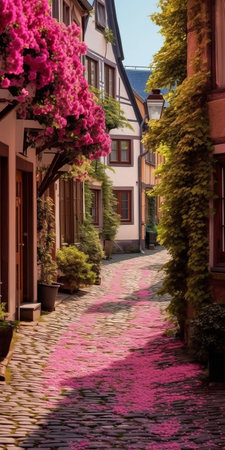 pink flowers adorned with moss create a picturesque view on a narrow cobblestone street. the scene is reminiscent of german romanticism, with light-filled landscapes and vibrant color schemes. this constructed photography tells a story, evoking the style of the heidelberg school. bob eggleton's artistic touch is evident in this stunning image. ai generatedの素材