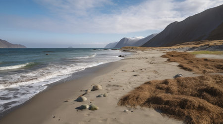 dhaugen fjord landscape showcases a stunning blend of rocks, beach, and sea in the style of zeiss milvus 25mm f14 ze. the light sky-blue and dark beige hues of konica auto s3 add depth to the highly detailed environment. this dutch marine scene is captured with fujifilm velvia, making it a perfect landscape-focused photo. ai generatedの素材