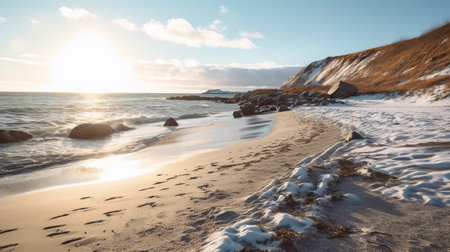 snowy beach with ocean and sea in summer and winter landscape with footprints captured by leander engstrm using panasonic lumix s pro 50mm f14. the photo is in the style of light teal and light amber with a lens flare. the impressive panoramas feature light beige and amber colors. this photo is a stunning display of natural beauty that will leave you in awe. aiの素材
