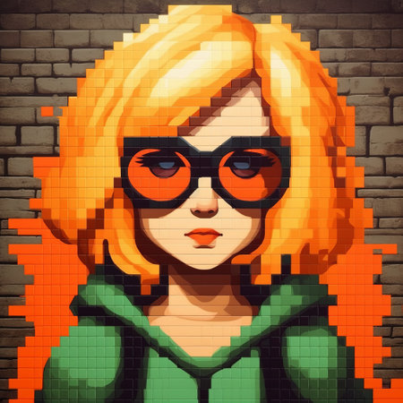 girl with glasses in a brick wall, styled in dark orange and dark emerald. this 2d game art features superheroes, mosaics, bold, cartoonish lithographs, and street scenes with vibrant colors. the 85 new wave design adds a unique touch to this piece. keywords: girl, glasses, brick wall, dark orange, dark emerald, 2d game art, superheroes, mosaics, bold, cartoonish lithographs, street scenes, vibrant colors, 85 newの素材