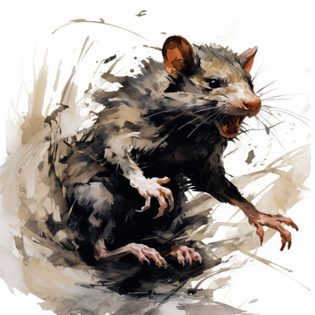 black rat running on the floor in a realistic watercolor style. this aggressive digital illustration showcases action painting and zombiecore. the detailed character illustrations emphasize emotion over realism, with heavy inking. ai generatedの素材