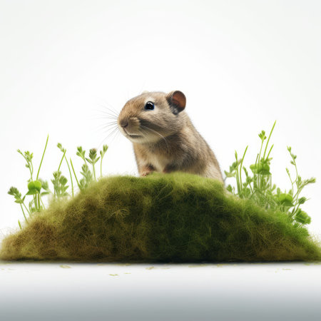 small mouse perched on a grassy mound in a hyper-realistic style. the illustration promotes environmentalism and features transparency and opacity. the image is reminiscent of ad posters and national geographic photos, with a touch of snailcore. the mouse is characterized with great detail, making it a stunning piece of art. ai generatedの素材