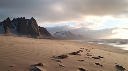beach footsteps in the sand - a stunning photograph captured in the style of carl zeiss distagon t 15mm f28 ze, showcasing the beauty of a beach with mountainous vistas. the image features light pink and dark amber hues, shot using voigtlander bessa r2m. the fantastical and cinematic sets are highlighted by the light orange and silver tones, making it a perfect addition to anyの素材