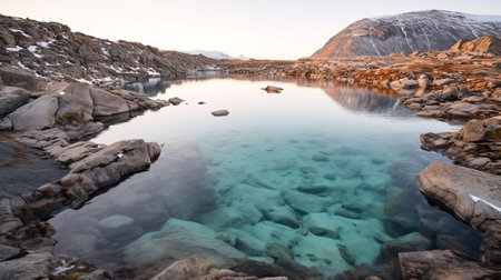 blue lake surrounded by rocks in sven nordqvist style. light cyan and bronze hues create a stunning contrast. national geographic captures the beauty of translucent water. ai generatedの素材