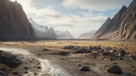 mountain scene featuring rocky terrain captured in the style of unreal engine 5. this national geographic photo by scarlett hooft graafland showcases the beauty of nature with a touch of artistry. the use of light amber and silver hues adds depth and dimension to the detailed marine views. anton semenov and even mehl amundsen would appreciate the stunning landscape and intricate details of this breathtakingの素材