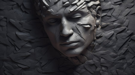 paul mnuchin, a 3d artist, creates non-representational art in the style of daz3d. his latest work features abstract statues of a man's head made of broken plates. the dark gray, matte photo showcases engraved line-work and a scattered composition. the dramatic lighting adds depth to the statues, making them a stunning addition to any art collection. ai generatedの素材