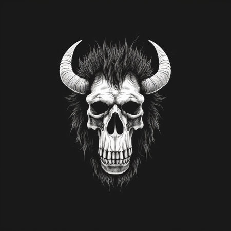 the skull with horns and dark hair is a stunning piece of art in the style of highly detailed illustrations. the minimalist illustrator has created a monochromatic realism that is both haunting and beautiful. the black background adds to the intense emotional atmosphere of the piece. this skull is reminiscent of a manticore, and the artist, valentin serov, has captured every detail with precision. theの素材