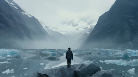 lone man stands near an icy lake in a matte painting style. the tesseract, experimental cinematography, and hyper-detailed renderings create a realistic and captivating movie still. the gray and aquamarine color scheme enhances the expansive landscape, making it a breathtaking view. ai generatedの素材