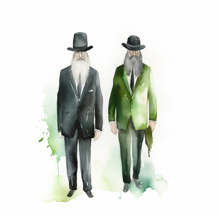 men posing in front of a green watercolor background, exuding a mysterious elegance. the photo is inspired by jewish culture themes and features imaginative creatures. the white background adds a gritty urban feel to the old-timey aesthetic. ai generatedの素材