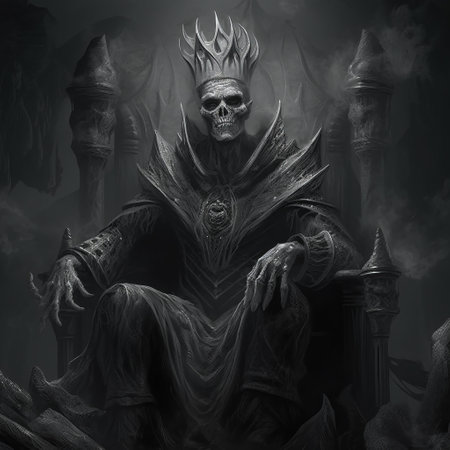 skeleton in purple dress sits on throne in black and white grayscale. zbrush technique used with subtle shading and heavy inking. solarizing master effect adds grandeur of scale. hellish background completes the eerie scene. ai generatedの素材