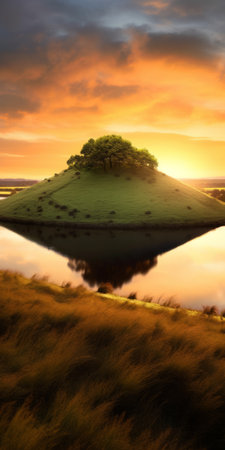 island surrounded by water captured in a photo-realistic landscape style. the idyllic rural scene is bathed in golden light, creating a mind-bending illusion. the uhd image showcases the spiky mounds and matte photo finish, making it a stunning addition to any collection. ai generatedの素材