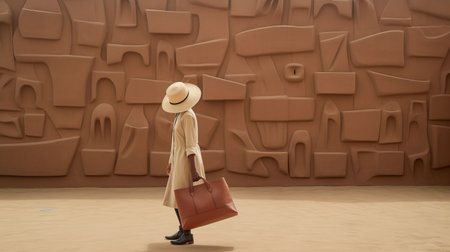 girl with brown bags stands in front of a concrete wall in the california desert. the image is rendered in the style of analytic cubism using cinema4d, creating a unique and atmospheric installation. the carved surfaces of the wall add a timeless grace to the scene, making it perfect for travel or artistic inspiration. the warm terracotta tones of the desert landscape complement the girl'sの素材