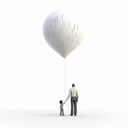 father and son are captured in a stunning conceptual digital art piece, raising a large balloon with environmental awareness in mind. the light white and silver tones of the balloon are contrasted with the grit and grain of the textured illustrations, creating an emotionally sensitive image. the balloon is suspended in mid-air, adding to the overall feeling of weightlessness and freedom. this unique piece ofの素材