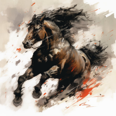 a horse runs with wild abandon in this dynamic action painting. the flowing brushwork captures the energy and movement of the animal, while the light red and black, light black and dark amber color scheme adds depth and intensity. the 32k uhd resolution allows for every detail to be seen, making this piece truly action-packed. ai generatedの素材