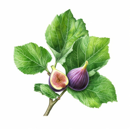 fig fruits and green leaves captured in a photorealistic watercolor style. the intricate detailing of the figs and leaves is highlighted in dark white and purple hues. the illustration is a perfect blend of natural and man-made elements, showcasing the energy-filled and scientific aspects of the subject. the hurufiyya style adds a unique touch to the overall composition. ai generatedの素材