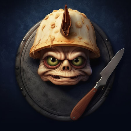 the empty skull on a tin plate with a knife in front of it is a playful caricature created in the style of zbrush. the spiky mounds and detailed character expressions make this image reminiscent of the works of brothers hildebrandt and alexander jansson. despite being made of cheese, the skull is intricately designed and sure to catch the eye of any viewer. ai generatedの素材