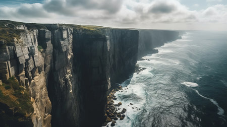 huge cliff frames the ocean in this gravity-defying landscape captured by nikon af600. the mysterious backdrop and impressive panorama make it a perfect example of vernacular photography. the fictional landscape seems to be straight out of a dream, and the waves crashing against the cliff add to the drama. eve ventrue's photography skills are evident in this stunning shot that captures the beauty of natureの素材