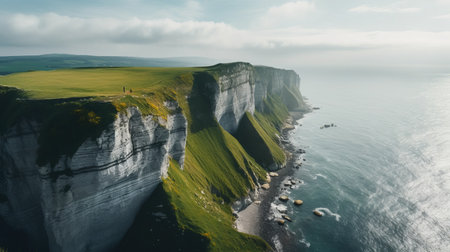 blue cliffs rise majestically from the ocean, reminiscent of the traditional british landscapes. the beeple, dark white, and light green hues of the cliffs create a stunning contrast against the clear blue waters. this documentary travel photograph, captured by aleksey savrasov, offers a birds-eye-view of the lush landscape background. the image is a testament to the beauty of nature and the wonders of the world.の素材