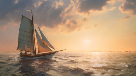 sail into the sunset with this large sailboat in the ocean, captured in a hyperrealistic rendering. the historically accurate graflex speed graphic camera adds a timeless elegance to the romantic soft focus and ethereal light. explore the hyperrealistic marine life in this sketchfab creation. keywords: sailboat, ocean, sunset, hyperrealistic rendering, graflex speed graphic, timeless elegance, romantic, ethereal light, marine life. ai generatedの素材