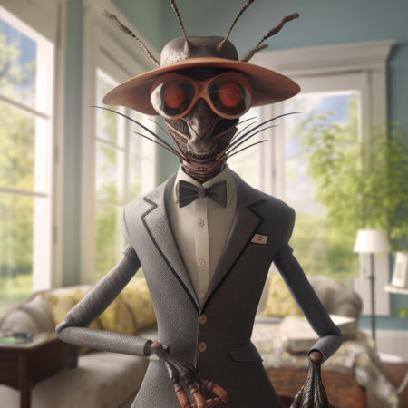 bugs in the mansion, a fictional character, is portrayed in a suit and tie in this vray tracing style photo. the characterful animal portrait is captured using a voigtlander brilliant camera, with a slender and smokey background adding to the movie still effect. this photo has a solarpunk vibe, making it a unique addition to any collection. keywords: bugs in the mansion, suit and tie,の素材