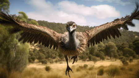 the bird in this national geographic photo is captured in hyper-detailed rendering, flying through the dynamic and exaggerated australian landscape. rendered in maya, the supernatural creature's facial expressions are strikingly realistic. this photo is a perfect example of duckcore, showcasing the beauty of nature and the incredible creatures that inhabit it. ai generatedの素材