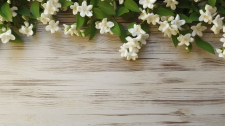 white jasmine flowers bloom in the spring, captured in a rustic and minimalist style. this 32k uhd photo features a warm color palette of orange and beige, set against a wooden background with decorative borders. the lively tableau is perfect for adding a touch of natural beauty to any design project. keywords: white jasmine flowers, spring, rustic simplicity, minimalist backgrounds, orange, beige, wood, decorative borders,の素材