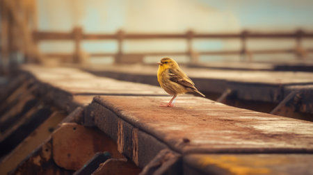 bird perched on wooden fence on pier, captured in impressionist style with soft yellow and gold tones. this urban exploration photo features industrial textures and is available under creative commons attribution license. shot in high resolution with focus stacking technique. ai generatedの素材