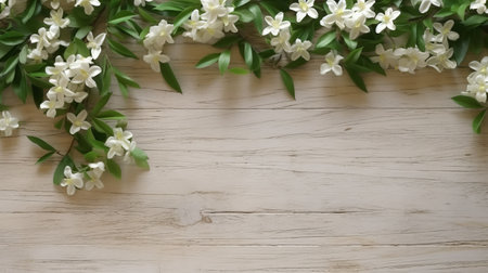 white jasmine flowers arranged in a top view on a wooden background. the close-up shot showcases the intricate details of the flowers. the image is captured in the style of 32k uhd, highlighting the handcrafted objects. the light orange and green hues add a minimalist touch to the picture. the whitewashed narratives and elaborate borders create a romantic landscape. ai generatedの素材