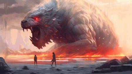 talisman of the monster from a monster monster wallpaper, featuring a manticore with anime-inspired character designs. the style of speedpainting is used to create a dramatic atmospheric perspective with white and crimson colors. the precisionist art showcases realistic seascapes, making the talisman of the monster a unique and captivating piece. ai generatedの素材