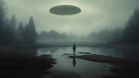 the photo captures a woman strolling along a misty beach with an extraterrestrial spaceship hovering above her head. the image is reminiscent of the works of renowned artists such as alex andreev, raphael lacoste, and gediminas pranckevicius. the scene exudes a sense of tranquility and peacefulness, with the atmospheric woodland imagery and floating structures adding to the surreal ambiance. the photo also evokes a feelingの素材