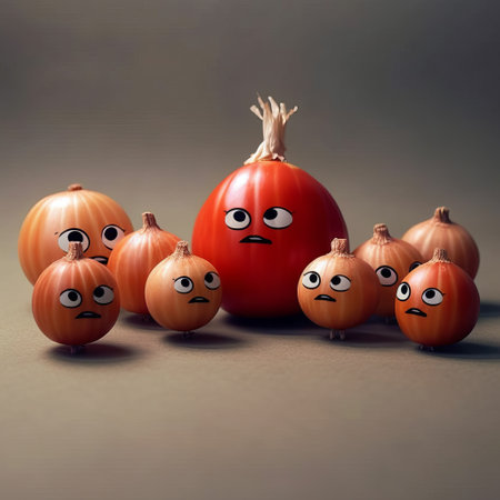 pumpkins with bad faces are the main subject of this photo, rendered in cinema4d for a photo-realistic still life effect. the witty and clever cartoons by johnson tsang and flora borsi are evident in the design. the light red and brown colors of the pumpkins give a warm and cozy feel to the image. the matte photo finish adds to the realistic look of theの素材