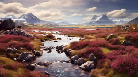 valley with mountains and a stream in maroon and magenta style, showcasing photorealistic accuracy. this stunning image by mike campau captures the beauty of scottish landscapes, with rtx on and the artistic touch of alexandr averin. a national geographic-worthy photo that transports you to the heart of nature. ai generatedの素材