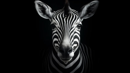 striped zebra captured in a close-up portrait by mike campau, featuring naturalistic shadows and a monochromatic style. the zebra stands on a black background, creating a striking contrast that highlights its unique stripes. this high-resolution image by ebru sidar showcases the zebra's spirited personality, making it a captivating addition to any collection of animal portraits. ai generatedの素材