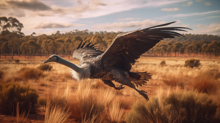 the vulture soars through the desert in this stunning 8k resolution image. rendered in cinema4d, the naturalistic depiction of flora and fauna captures the essence of australian tonalism. the dramatic pose of the bird in flight is perfectly complemented by the breathtaking landscape photography of the australian outback. ai generatedの素材