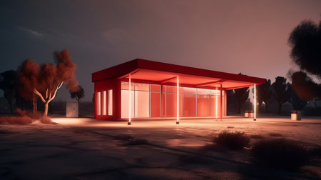 red parking garage building with mid-century style architecture captured in a soft atmospheric light. the building's opacity and translucency are delicately rendered, creating a realistic lighting effect. the desertwave landscape surrounding the building adds to its unique charm. this image is reminiscent of the octane render style and is perfect for architectural design inspiration. ai generatedの素材