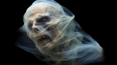 the ghost in this national geographic-style photo is captured with his mouth wide open, creating a hauntingly eerie effect. the image is wrapped with high detail and transparent layers, adding to the ghostly appearance. keywords: ghost, national geographic, mouth open, haunting, eerie, wrapped, high detail, transparent layers. ai generatedの素材