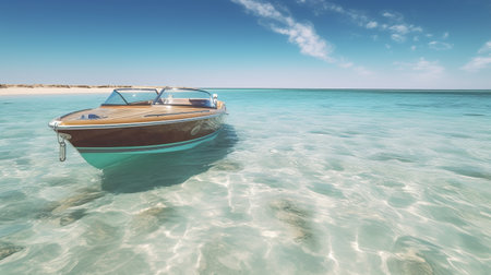 traditional wooden boat floating in clear blue shallow sea, captured in an art deco style with luxurious textures and chrome-plated accents. the perspective rendering showcases the elegance of the boat, while the zeiss ikon zm lens captures the stunning italian landscape in the background. this small boat is perfect for exploring the shallow waters and admiring the beauty of the sea. ai generatedの素材
