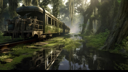 train on track down a river or stream, featuring a post-apocalyptic backdrop with southern gothic-inspired elements. the mysterious jungle setting adds to the eerie realism of the photo, while the rtx on technology and old-world charm create a photo-realistic experience. ai generatedの素材