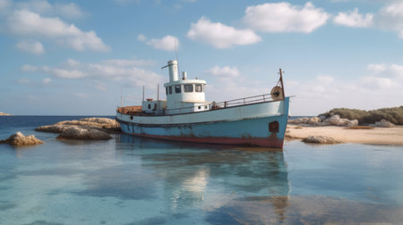 the old rusted boat is a haunting reminder of the great depression era, as it sits docked near some rocks. the marine biology-inspired colors of light sky-blue and light azure blend with the thermal camera's light teal and light purple hues, creating a unique and captivating image. shot at iso 200, the photo captures both the long and deep distance of the boat, making itの素材