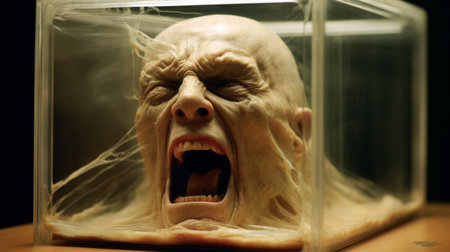 man model with open mouth in a box, designed in the style of cryptid academia and roger deakins. the model features realistic details, layered translucency, and stone sculptures. it has a fantastic grotesque appearance and is reminiscent of matti suuronen's work. ai generatedの素材