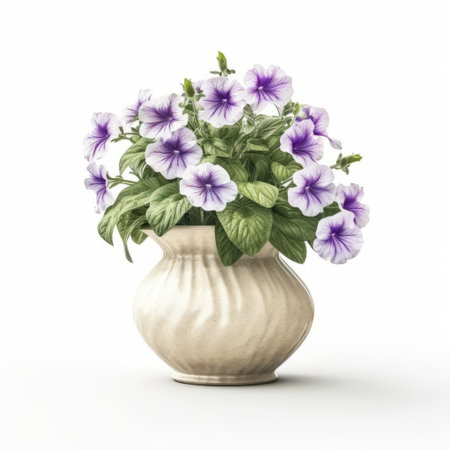 the blue porcelain flower pot is adorned with vibrant purple flowers, creating a stunning contrast against the white background. the photo is captured in the style of vray tracing, utilizing light beige and white tones to enhance the solarization effect. the use of edward poynter's photo-realistic techniques adds to the lifelike quality of the image. the colorized porcelain pot and flowers are beautifully showcased, makingの素材