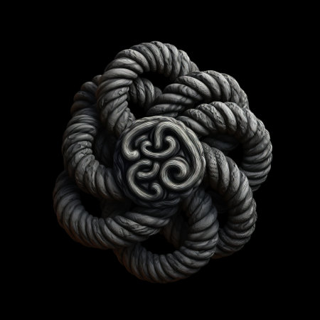 the celtic knot, depicted in zbrush style, showcases intricate details and a dark surrealism vibe. the renaissance-inspired chiaroscuro technique adds depth to the snailcore-themed miniature. the uhd image highlights the dark gray tones, making the knot stand out. ai generatedの素材