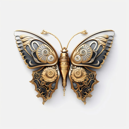 clock of shaped butterfly made of metal design background with antique gold, silver, and copper gears. the clock features meticulous linework precision by cristina mcallister, combining realism with surrealistic elements. the elegant composition is crafted from ceramic and showcases cultural symbols. this clock is a perfect addition to any room, adding a touch of sophistication and style. ai generatedの素材